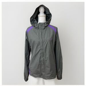 Coleman Rain Jacket Women L XL Gray Purple Hooded Windbreaker Outdoor Coat